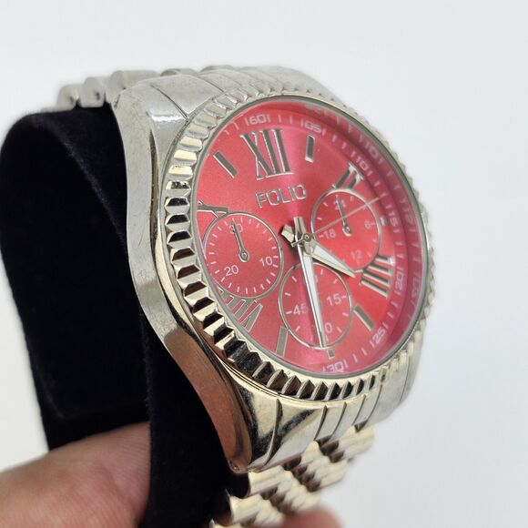 Folio Women's Watch 38MM Dark Pink Dial Gray Bracelet Band 5.5" New Battery - Picture 4 of 13